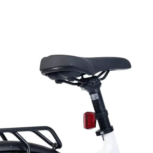 Comfortable black saddle with rear reflector on the Viking Urban Eco Comfort Step Through Electric Bike 250W.