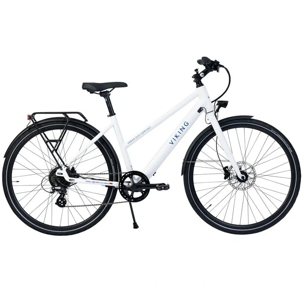 Side profile of the Viking Urban Eco Comfort step-through electric bike 250W, featuring a white frame, rear rack, and disc brakes for a comfortable ride.