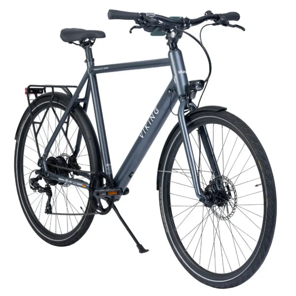 Front angled view of the Viking Urban Eco Sport S-Ride 700c electric bike in grey, featuring disc brakes and slim commuter tyres.