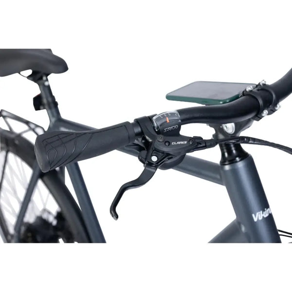 Close-up of Viking Urban Eco Sport electric bike handlebar with gear shifters and brake levers.