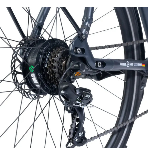 Detail view of the Viking Urban Eco Sport electric bike rear hub motor, Shimano gears, and disc brake.