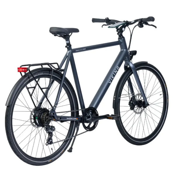 Rear angled view of the Viking Urban Eco Sport S-Ride 700c electric bike in grey, showing the pannier rack, mudguards, and drivetrain.