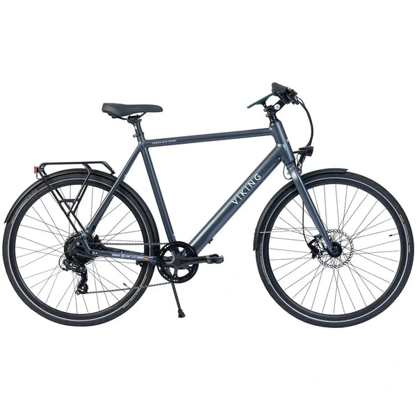 Side view of the Viking Urban Eco Sport S-Ride 700c electric bike in grey with a step-over frame and rear carrier.