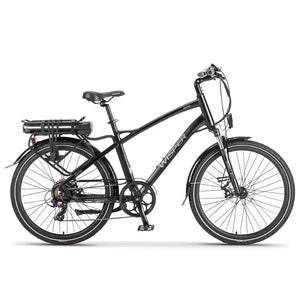 Side view of the Wisper 905 Crossbar Touring Hybrid electric bike in black, featuring a step-over frame, front suspension fork, and rear rack battery for city or trail rides.