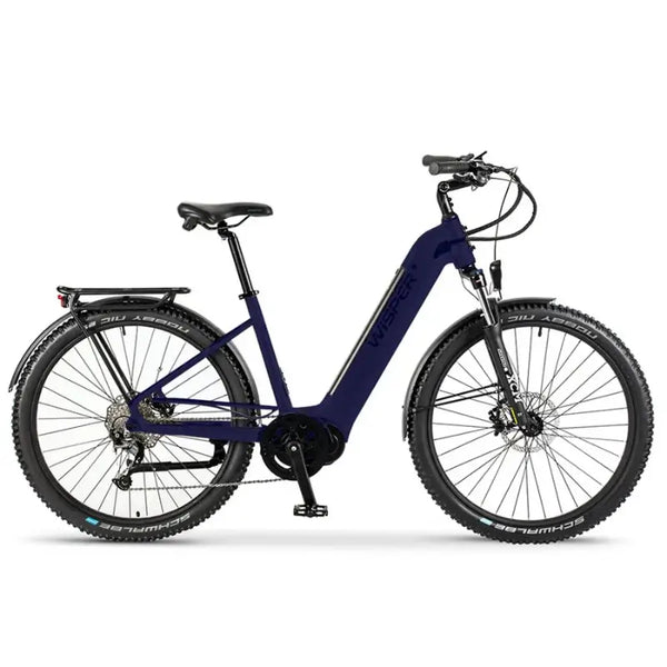 Side view of Wisper Wayfarer M7 step-through adventure e-bike in blue with integrated mid-drive motor and rear rack
