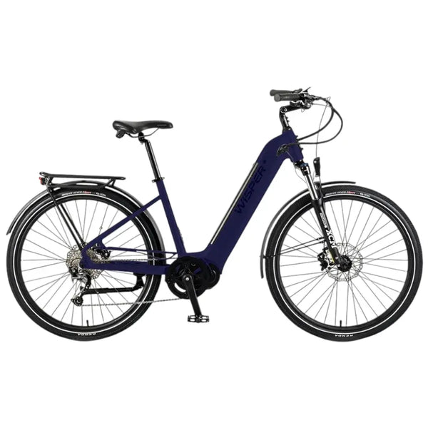 Side view of Wisper Wayfarer M7 step-through city e-bike in blue with integrated mid-drive motor and rear rack