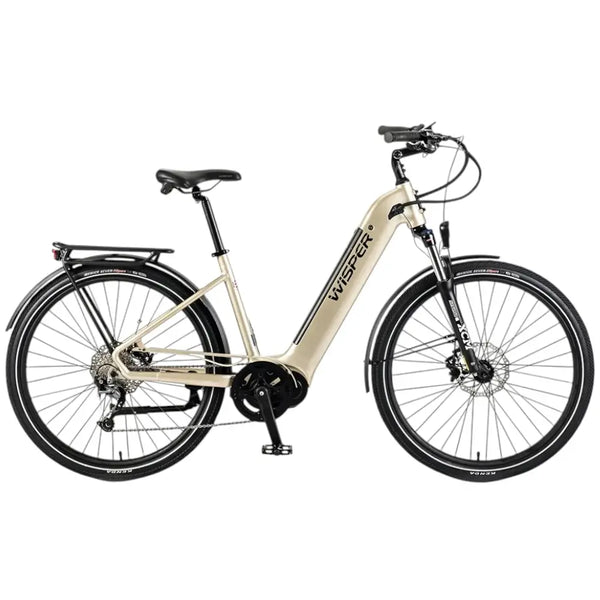 Side view of Wisper Wayfarer M7 step-through city e-bike in silver with integrated mid-drive motor and rear rack