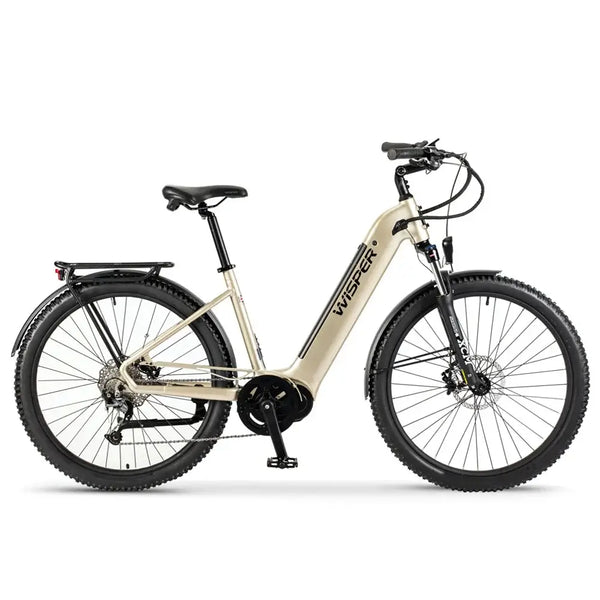 Side view of Wisper Wayfarer M7 step-through adventure e-bike in silver with integrated mid-drive motor and rear rack