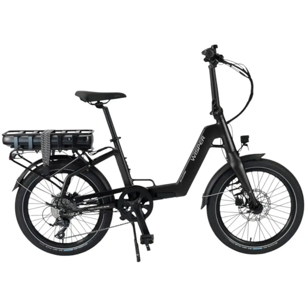 Side view of the Wisper Tailwind 806 Encore folding electric bike in black, featuring a step-through frame and rear-mounted battery