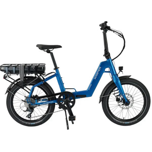 Side view of the Wisper Tailwind 806 Encore folding electric bike in blue, featuring a step-through frame and rear-mounted battery