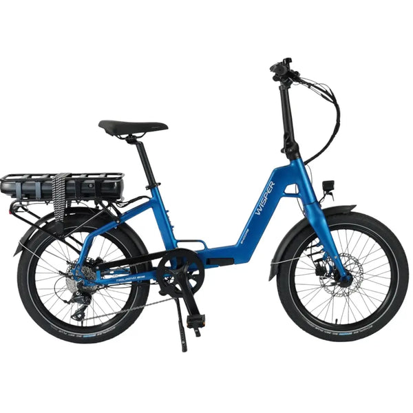 Side view of the Wisper Tailwind 806 Encore folding electric bike in blue, featuring a step-through frame and rear-mounted battery