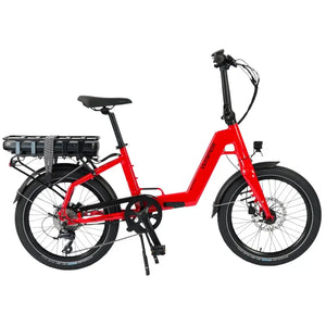 Side view of the Wisper Tailwind 806 Encore folding electric bike in red, featuring a step-through frame and rear-mounted battery