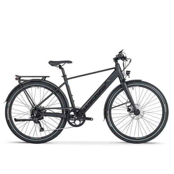 Side view of the Wisper Tailwind Comfort Crossbar Electric Bike 250W in black, featuring a sleek crossbar frame, integrated battery, front suspension, and rear rack for commuting.