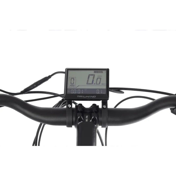 Handlebar-mounted LCD display on the Wisper Tailwind Comfort Crossbar Electric Bike 250W showing speed, trip distance and pedal-assist level.