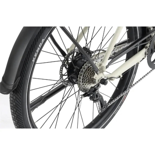 Close-up of the rear hub motor, gear cassette and derailleur on the Wisper Tailwind Comfort Crossbar Electric Bike 250W, highlighting the drivetrain and disc brake.
