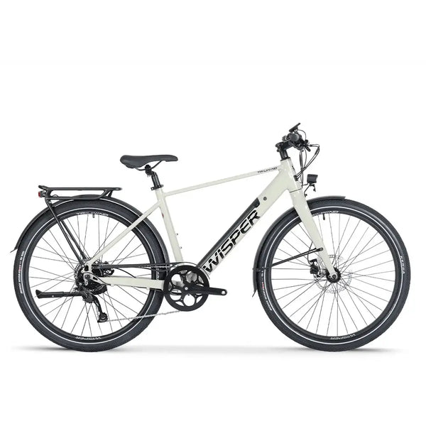 Side view of the Wisper Tailwind Comfort Crossbar Electric Bike 250W in white, featuring a sleek crossbar frame, integrated battery, front suspension, and rear rack for commuting.