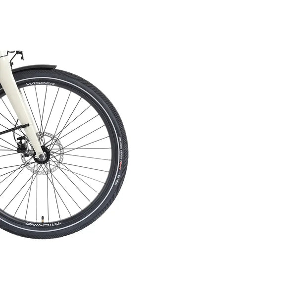 Close-up of the front wheel and disc brake on the Wisper Tailwind Comfort Crossbar Electric Bike 250W, highlighting the fork, tyre tread, and braking system.