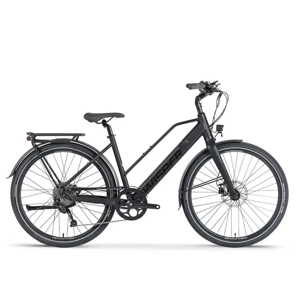 Side view of the Wisper Tailwind Comfort Crossbar Electric Bike 250W in black, showcasing a comfortable upright riding position, front suspension fork, and rear pannier rack