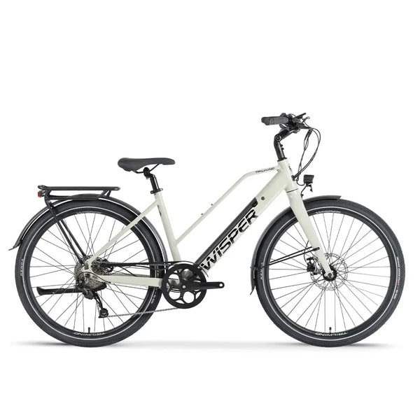 Side view of the Wisper Tailwind Comfort Crossbar Electric Bike 250W in white, showcasing a comfortable upright riding position, front suspension fork, and rear pannier rack