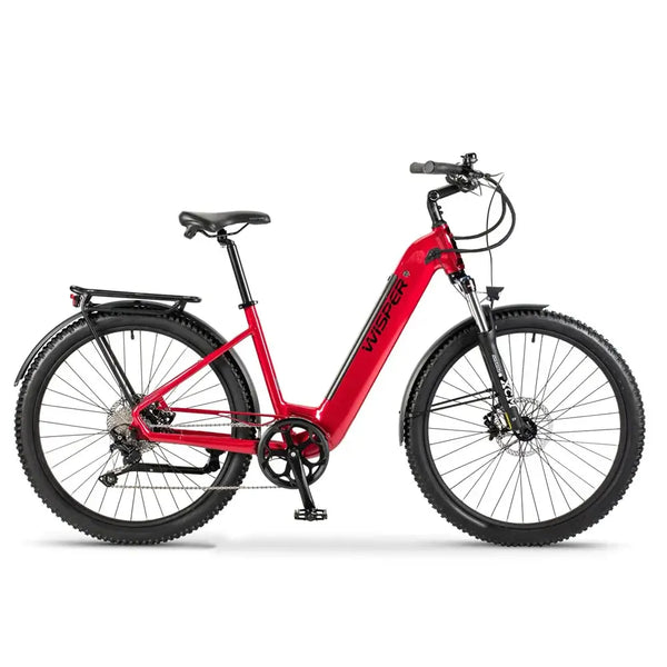 Side view of the Wisper Wayfarer H7 Hub Drive Step Through Electric Bike 250W in red adventure performance pack, featuring rugged tyres, front suspension fork, integrated battery, and step-through frame designed for off-road trails and mixed terrain