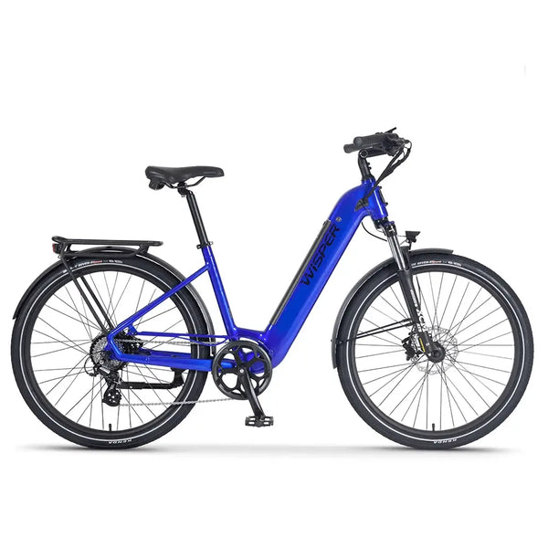 Side view of the Wisper Wayfarer H7 Hub Drive Step Through Electric Bike 250W in blue city performance pack.