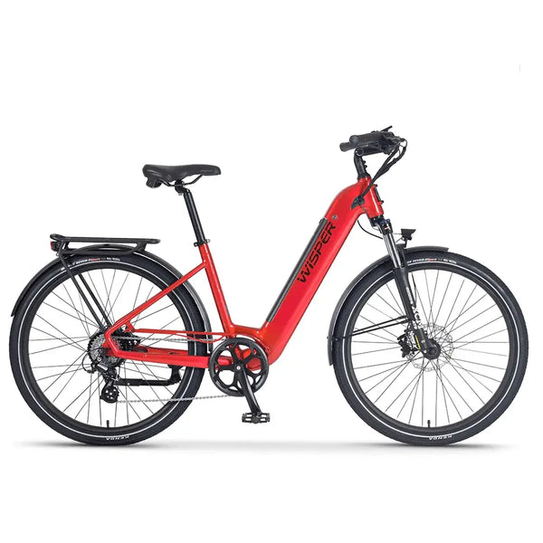 Side view of the Wisper Wayfarer H7 Hub Drive Step Through Electric Bike 250W in red city performance pack.