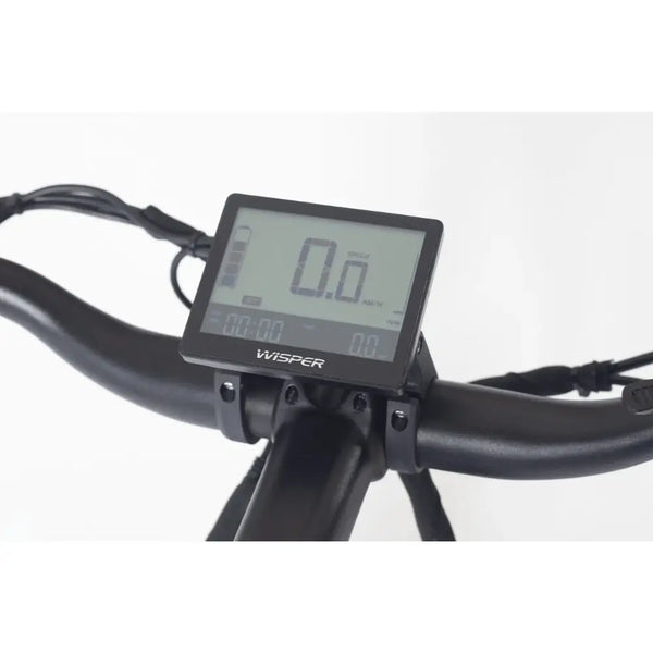 Close-up of the LCD display screen on the Wisper Wayfarer H7 Hub Drive Step Through Electric Bike 250W, mounted at the handlebar centre to show speed, distance, and power level.