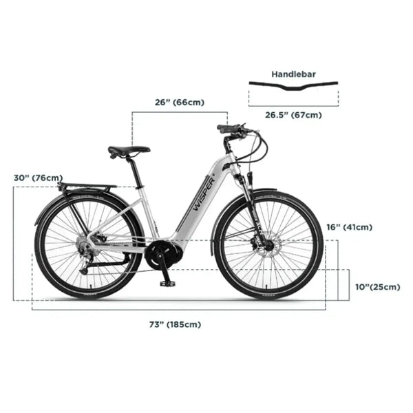 Bike diagram for the Wisper Wayfarer H7 Hub Drive Step Through Electric Bike 250W, displaying frame size, wheelbase, handlebar width, and height dimensions.
