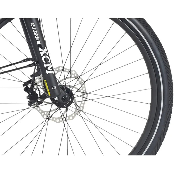 Wisper Wayfarer M7 Mid-Drive Step-Through E-Bike front wheel with Suntour XCM suspension and disc brake