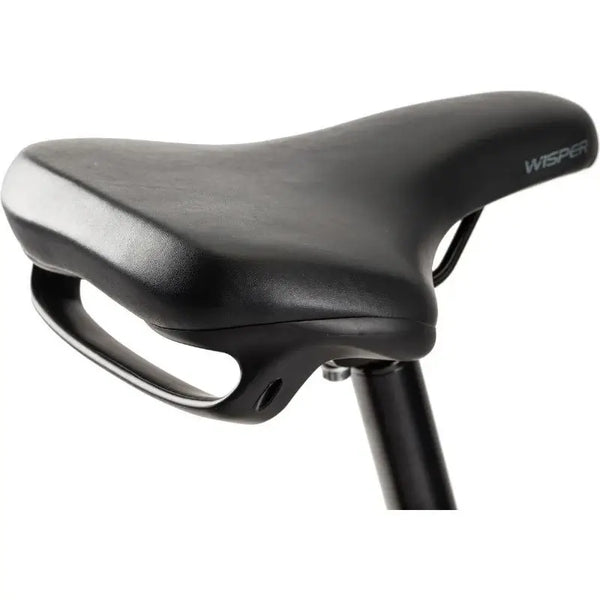 Close-up of the ergonomic black saddle on the Wisper Wayfarer M7 Mid-Drive Step-Through E-Bike