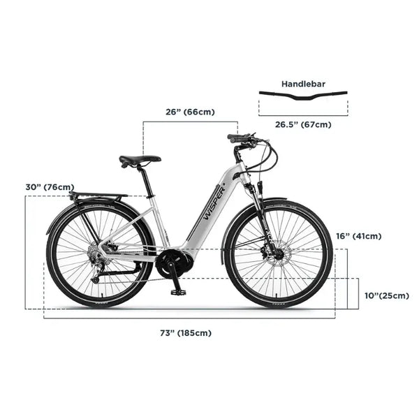 Wisper Wayfarer M7 Mid-Drive Step-Through E-Bike in silver showing full side profile with labelled frame, handlebar, and wheel measurements