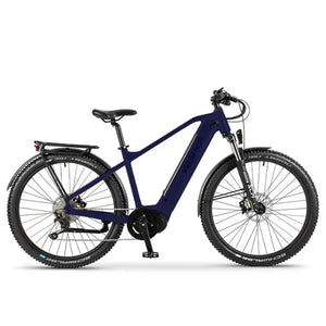 Side view of the Wisper Wayfarer M9 Mid-Drive electric bike in blue with a crossbar frame and rugged tyres, designed for adventure