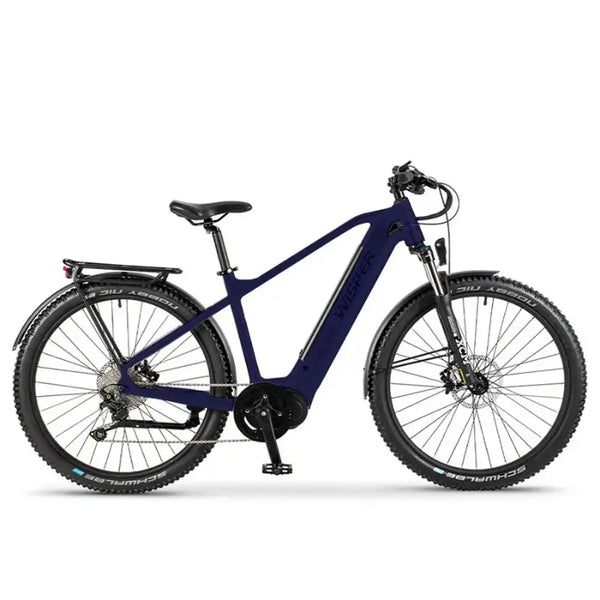 Side view of the Wisper Wayfarer M9 Mid-Drive electric bike in blue with a crossbar frame and rugged tyres, designed for adventure