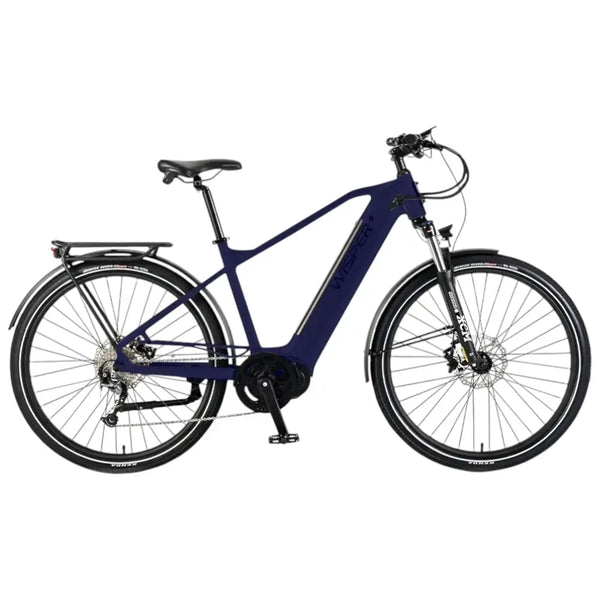 Side view of the Wisper Wayfarer M9 Mid-Drive electric bike in blue with a crossbar frame and tyres, designed for city use