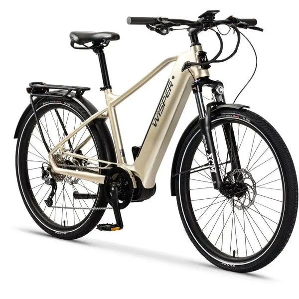 Side view of the Wisper Wayfarer M9 Mid-Drive electric bike in silver with a crossbar frame and rugged tyres, designed for trail