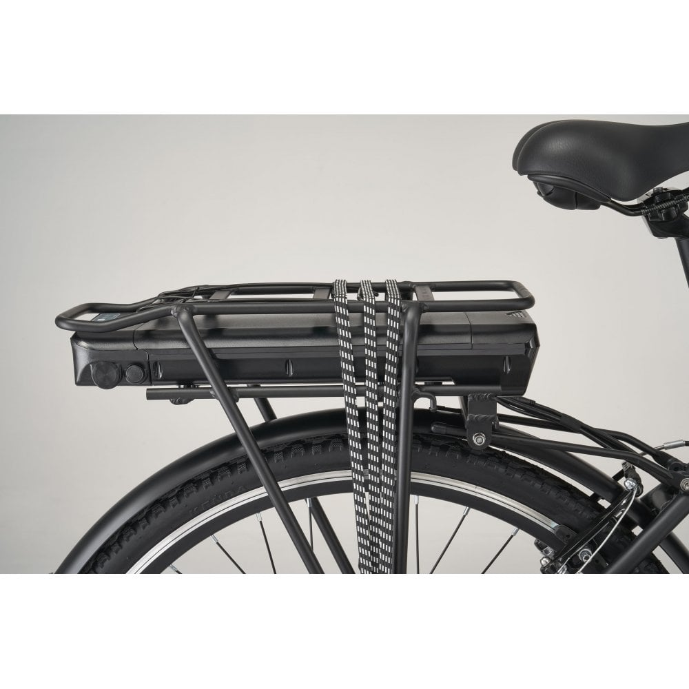 Close-up of an electric bike battery mounted on a rear rack, highlighting proper e-bike battery care and maintenance practices.