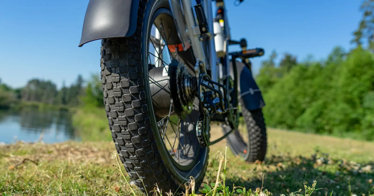 Close-up of electric bike rear wheel with hub motor and fat tyre tread on grassy riverside path.