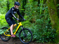 Rider cycling an electric mountain bike along a wooded forest trail.