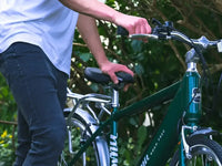 Side view of a man standing with the green Emu Roam crossbar electric bike.