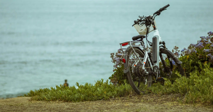 Affordable electric bike parked by the coast, representing a practical and best value e-bike for everyday commuting and leisure rides.
