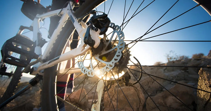 Close-up of an electric bike rear disc brake system with rotor and caliper visible.