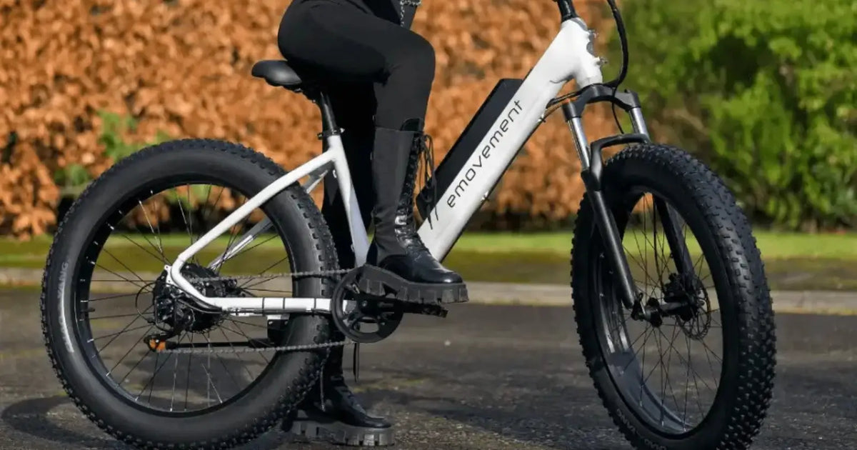 EMovement fat tyre electric bike on a paved path, showing the wide tyres designed for stability and all-terrain riding.