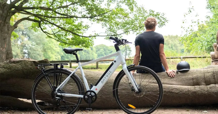 Hygge Electric bike parked beside a rider in a park setting, illustrating e-bike ownership and considerations around insurance and protection