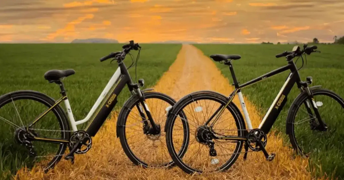 Two touring electric bikes parked on a countryside road at sunset in the UK