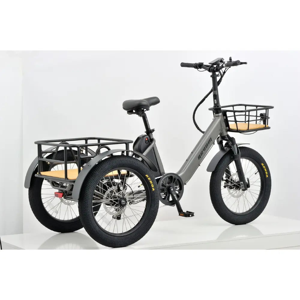 Side view of the Revom T1F Folding Urban Electric Tricycle in matte grey with front and rear cargo baskets, built for urban transport and storage.