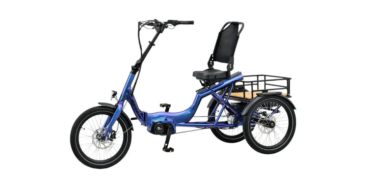 Revom T4 Semi Recumbent Electric Tricycle in glossy blue with padded backrest seat and rear cargo rack, eligible for VAT relief
