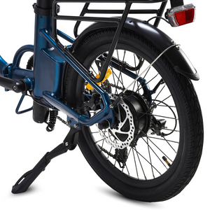 Compact electric bike with rear hub motor and rack designed for short rides and daily errands