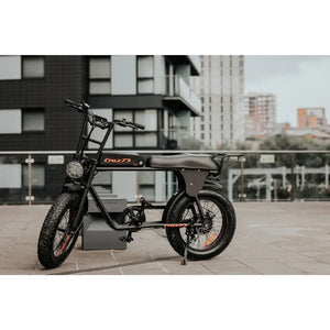 Cruz73 electric retro cruiser bike with a city backdrop