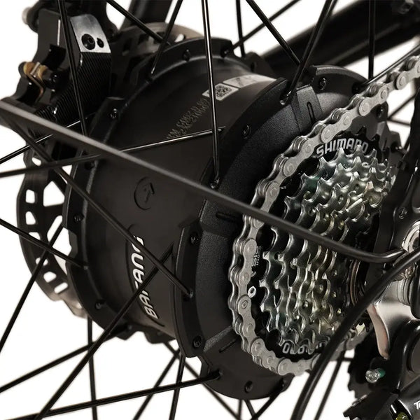 Close up shot of the rear hub motor and cassette of an EAPC electrically assisted pedal cycle.
