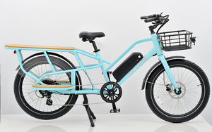 2 seater electric bike with long tail cargo rack designed for carrying a passenger